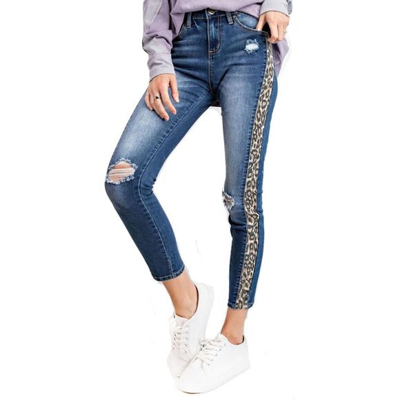 EASEL Women's Denim Jeans with Leopard Print Side Detail M - Picture 1 of 8